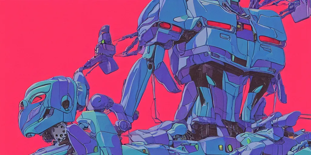 Image similar to risograph grainy painting of gigantic huge evangelion - like complicated agundam mech face with a lot of details and lasers covered ooze, by moebius and dirk dzimirsky and satisho kon, close - up wide portrait