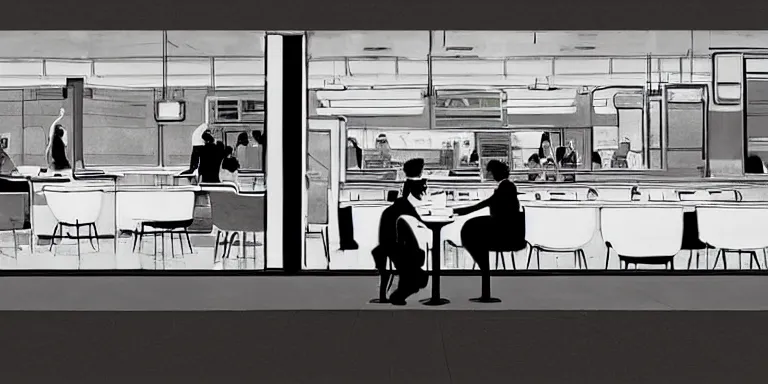 Image similar to a man and a girl seated face to face, having coffe in an empty diner, storyboard panel by syd mead, large shot, frontal view, grayscale pantone