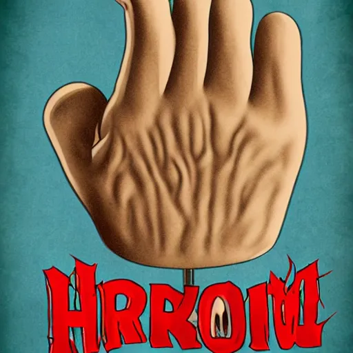 Image similar to a wrinkly old hand coming out of the toilet, horror movie poster