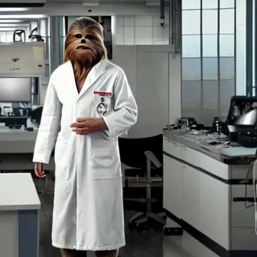 Prompt: chewbacca in the role of nurse from doctor haus movie, medical dress, white lab coat, detailed, demical outfit, in the lab, film still