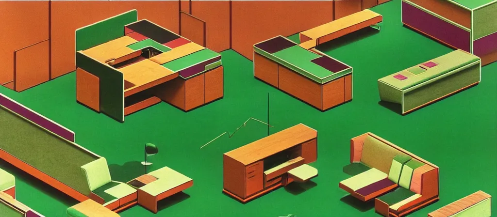 Image similar to huge sprawling gargantuan angular dimension of infinite indoor landscape 7 0 s green velvet and wood with metal furniture office. surrealism, mallsoft, vaporwave, 7 0 s office furniture catalogue, shot from above, epic scale by escher