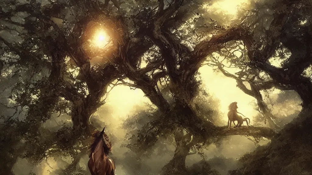 Image similar to over old trees wreathed with rotten vines fly evening crows, under a small bridge near a cottage a stream flows, on ancient road in the west wind a lean horse goes, sunset, by charlie bowater, by greg rutkowski