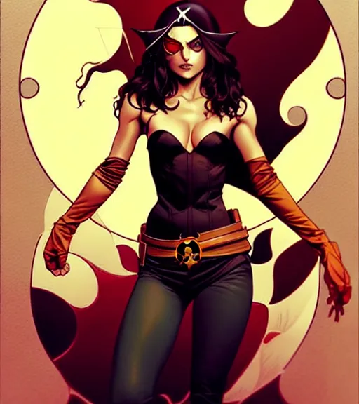 Image similar to artgerm, joshua middleton comic cover art, pretty pirate phoebe tonkin smiling, full body, symmetrical eyes, symmetrical face, long curly black hair, on a pirate ship background, warm colors