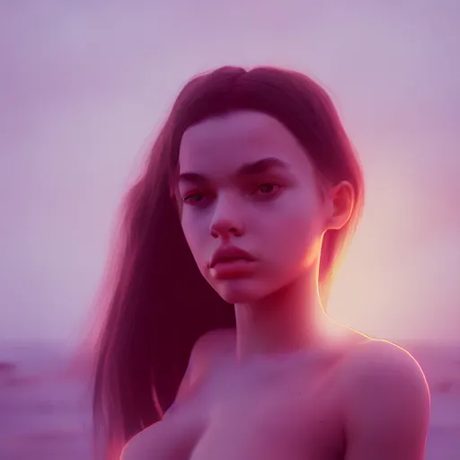 Prompt: a photorealistic hyperrealistic, simone peach, girl on the beach, beautiful dynamic dramatic low - light moody lighting, cinematic atmosphere, artstation, concept design art, octane render, 8 k