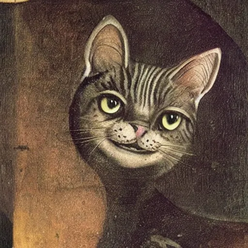 Image similar to stunning portrait of the purple striped cat of cheshire with a malicious smile by hieronymus bosch