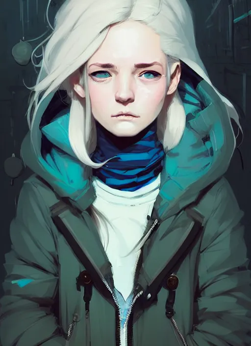 Image similar to highly detailed portrait of a sewer punk lady student, blue eyes, burberry hoodie, white hair by atey ghailan, by greg rutkowski, by greg tocchini, by james gilleard, by joe fenton, by kaethe butcher, gradient blue, black, brown and cyan color scheme, grunge aesthetic!!! ( ( graffiti tag wall background ) )