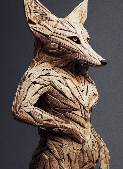 Image similar to sculpture of fox made of wood, portrait, female, future, wood, tree, harper's bazaar, vogue, magazine, insanely detailed and intricate, concept art, close up, ornate, luxury, elite, elegant, trending on artstation, by ruan jia, by Kenneth Willardt, by ross tran, by WLOP, by Andrei Riabovitchev,