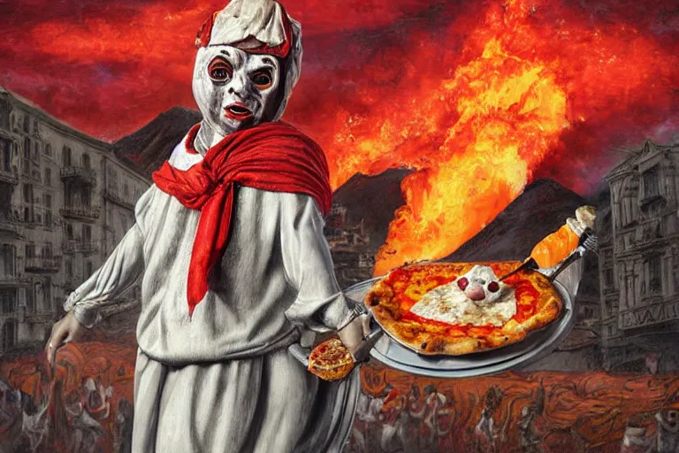 Prompt: a highly detailed pulcinella!!! from naples with pizza in foreground, volcano in the background with smoke, fire and lava, full body, wide angle, an ultrafine detailed painting by rivorio mok, post - apocalyptic vibe, trending on deviantart, whimsical, lowbrow, perfect symmetrical face, sharp focus, octane, masterpiece