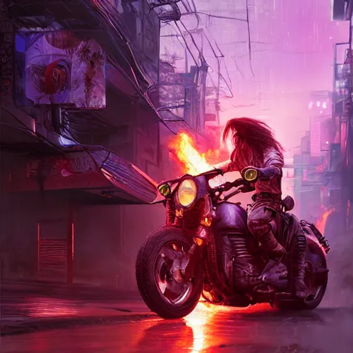 Image similar to portrait painting of a street samurai with long purple hair riding a motorcycle through a burning cyberpunk slum, glitchwave, ultra realistic, concept art, intricate details, eerie, highly detailed, photorealistic, octane render, 8 k, unreal engine. art by artgerm and greg rutkowski