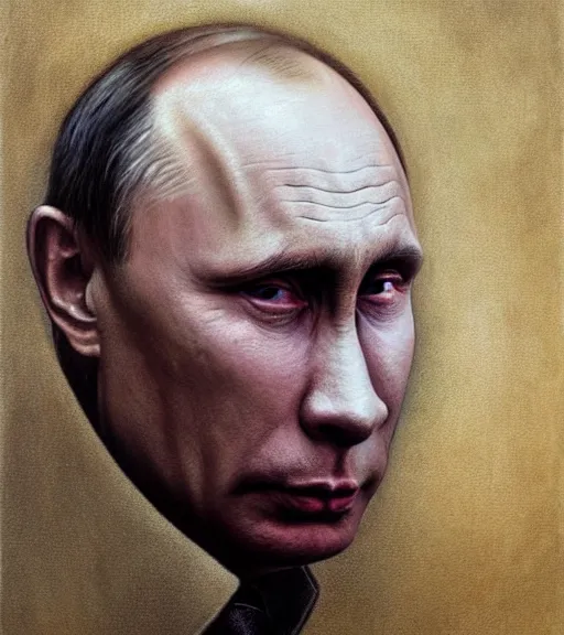 Prompt: Portrait painting of Vladimir Putin crying and suffering in a style of Beksinski.