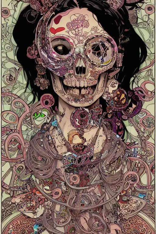 Image similar to beautiful skull cyborg portrait girl female illustration detailed patterns art of thai traditional dress, pop art, splash painting, art by geof darrow, ashley wood, alphonse mucha, makoto shinkai