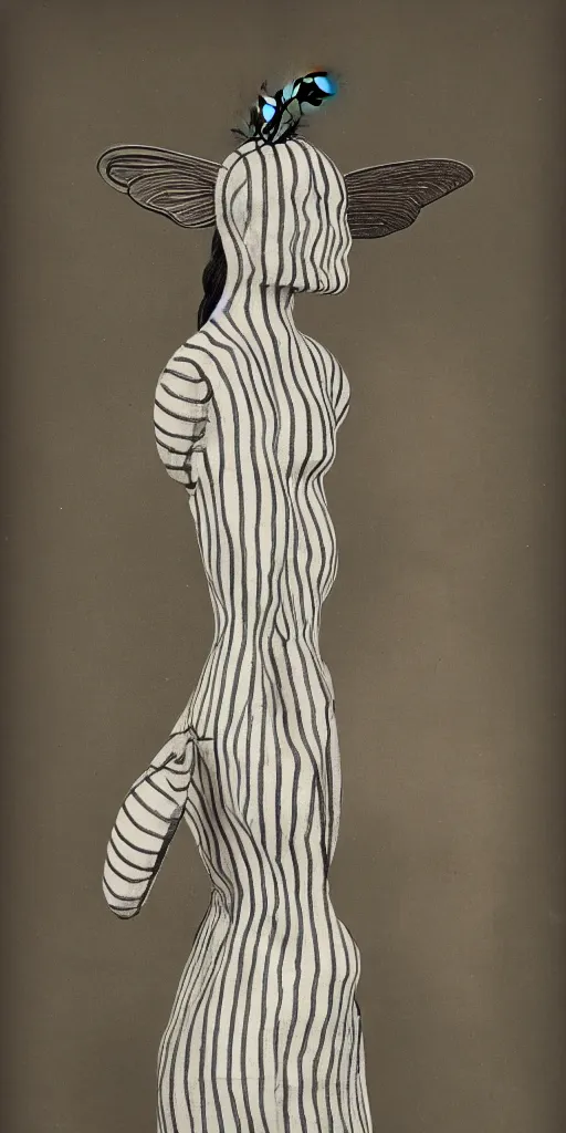 Image similar to an anthromorphic bee woman wearing striped couture made out of wax and paper