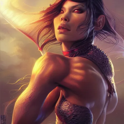 Image similar to photo of a beautiful female dragon, anthropomorphic, sharp focus, illustration, ultra real, masterpiece, glowing holy aura by magali villeneuve and stanley artgerm lau, wlop,