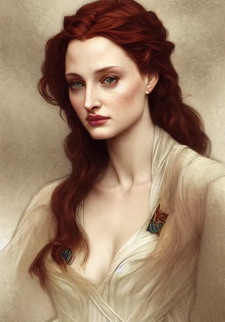 Image similar to sansa angeline jolie gessica chastain sea, intricate, elegant, highly detailed, digital painting, artstation, concept art, smooth, sharp focus, illustration, art by artgerm and greg rutkowski and alphonse mucha and william - adolphe bouguereau