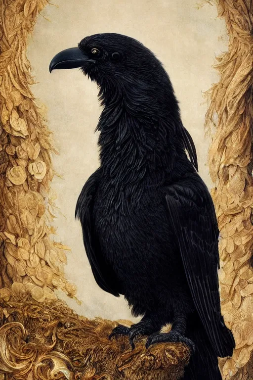 Image similar to a breathtakingly stunningly beautifully highly detailed portrait of a majestic raven, by rosetti and michael cheval and turner, 4 k