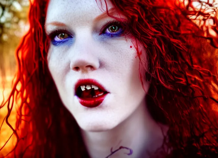 Image similar to award winning 5 5 mm close up face portrait photo of an anesthetic and beautiful redhead woman with blood - red wavy hair, intricate eyes that look like stars, and fangs, in a park by luis royo