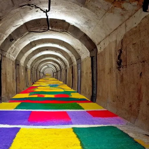 Image similar to underground prison, concrete, colorful tapestries, rugs, people wearing colorful robes