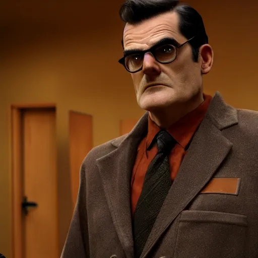 Image similar to Ty Burrell dressed up as the G-Man for Half Life Movie film still, 4k resolution, 8k resolution, HD Quality, highly detailed, very detailed, detailed, studio quality lighting, digital art, trending on artstation, film still