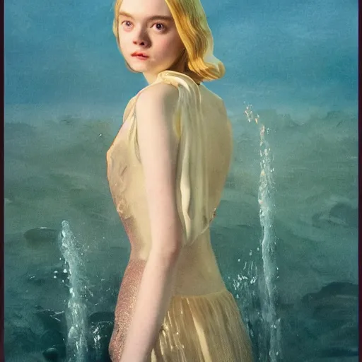Image similar to Elle Fanning, head and shoulders masterpiece, in rapture, golden hour, underwater, art-station, in the style of Art Deco and Edward Hopper and Bosch, extremely detailed