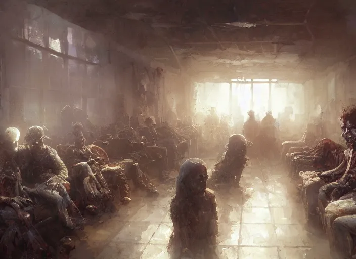 Prompt: zombies waiting in a waiting room, eerie, liminal, isometric, volumetric lighting, by craig mullins, by mattias adolfsson, oil on canvas,