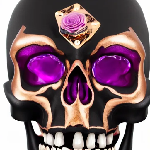 Prompt: opened mouth panther skull with gold teeth and gems inlaid skull, matte black, rose gold, amethyst, high coloration, ambient lightning, ultra wide lens, focused, highly detailed, 8 k