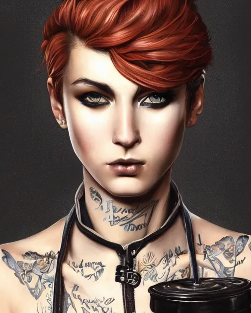 Image similar to a portrait of a beautiful androgynous punk girl with short hair and beautiful eyes, beautiful face, wearing tall combat boots, who is a mechanic wearing overalls carrying a bag, digital concept art, detailed digital painting, ornate decorative background, by j. c. leyendecker and edward blair leighton and charlie bowater, trending on artstation