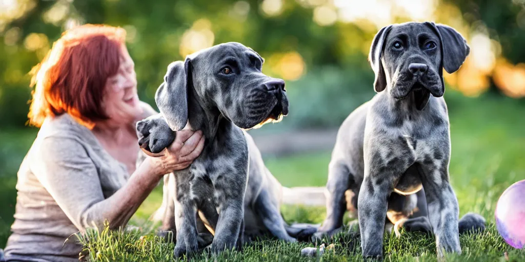 Image similar to a tiny adorable kitten and an elderly great dane are the best of friends, golden hour, back yard, giant iridescent soap bubbles fill the air, bokeh