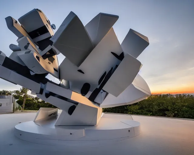 Prompt: photo of minimalist abstract cubist sculpture of curvy spaceship with random small mecha mayan decorations, covered with few large white airplane parts with windows and doors, gigantic size with fancy people visiting, sunset lighting