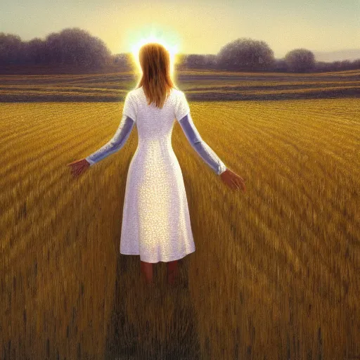 Prompt: close-up shot, a beautiful painting of a girl in a airy semi-transparent thin light dress standing in the glowing wheat fields, mystical setting, afternoon sun, long shadows, photo from the back, by Mark Ryden, Felix Kelly, trending on artstation