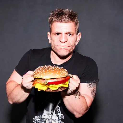 Prompt: high resolution photograph of John Joseph, the singer of the Cromags eating a cheeseburger