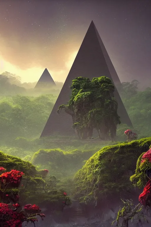 Prompt: a lush alien landscape with a forgotten ancient pyramid in the distance overrun by nature, trees, moss, vines, water, flowers, vivid sky, alien sky, digital art, matte painting, concept art, cinematic lighting, intricate, epic, depth, artstation, Jessica Rossier, Ted Nasmith, Eddie Mendoza, highly detailed, octane render, 8k,