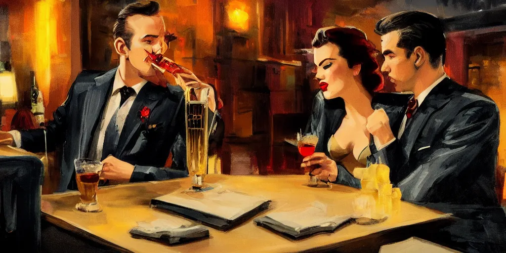 Prompt: a man wearing a tie is having a drink with a femme fatale at the bar of a 4 0 s jazz club, warm color palette, night time, dramatic lighting, noir film, character sheet, fine details, high contrast, blacksad, kim jung gi, greg rutkowski, trending on artstation, 8 k, front view, back view, ultra wide angle