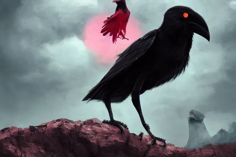 Prompt: red - eyed scary gigantic crow standing on top of a hill, looking down, holding a pink little worm in its beak, cloudy sky in the background, digital painting, epic, pokemon style, earth type pokemon, smooth, trending on artstation, professional painting, full body composition, long shot, made by greg rutkowski