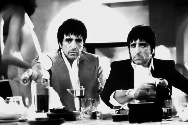 Prompt: medium shot. tony montana from movie scarface 1 9 8 3. staying with m 1 6 riffle. table with cocaine in background. al pacino. perfect symmetric face, coherent eyes, fine details, 4 k, ron cobb. cinestill