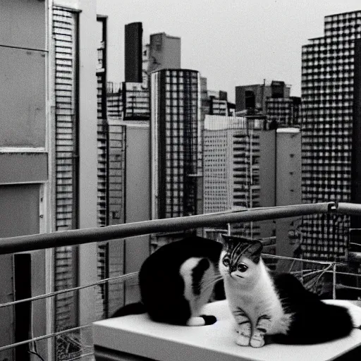 Prompt: daido moriyama style photograph of a cat and its female owner on a rooftop in Tokyo,