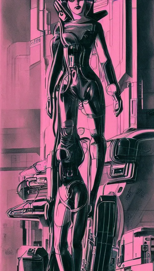 Prompt: concept art of a female cyberpunk character, film noir, art deco, pastel colors, detailed ink drawing, by Syd Mead, by Moebius