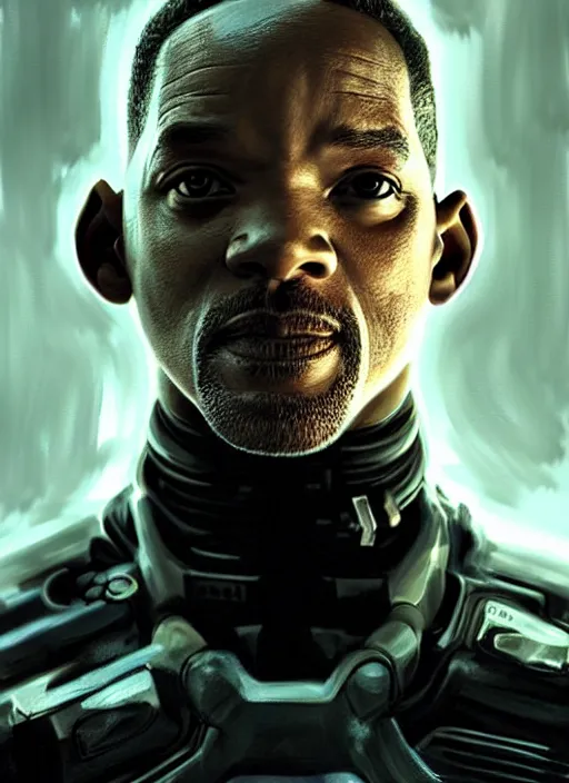 Image similar to will smith as victor stone, full body concept, cyborg, borg, strogg, face of a man, terminator, flesh, quake strogg, doom demon, wolfenstein, monstrous, powerful, symmetry, symmetrical, concept art by ruan jia and greg rutkowski