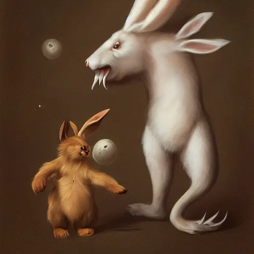 Image similar to a bear and a bunny chimera with the size and strength of a bear, The white color and long bunny ears of a bunny and golden brown antlers. Peter Mohrbacher. George Stubbs