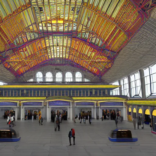 Image similar to elaborate and beautiful train station hall filled with travelers, designed by zaha hadid, bold colored walls, tall ceilings, large windows, lots of bold colors, unique architecture, sunbeams unreal engine 5 render, keyshot render, octane render, ultra high detail, ultra realistic, 8k