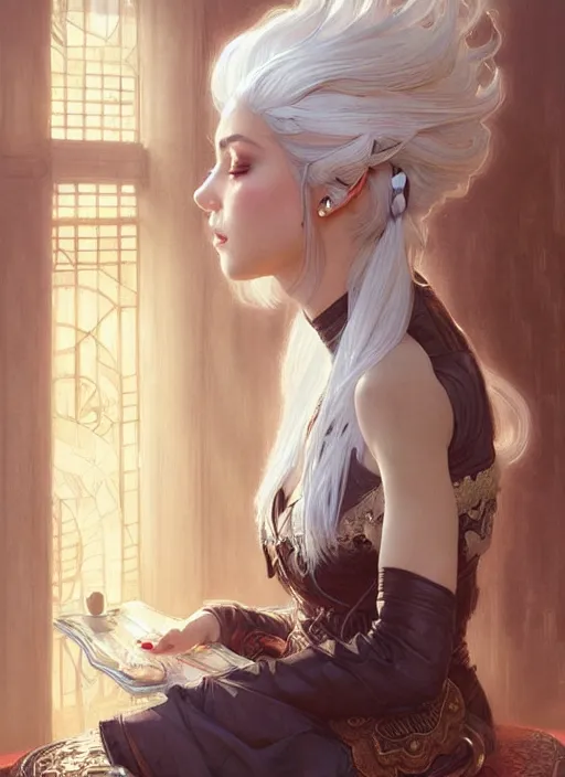 Image similar to a beautiful girl with white hair and bangs, sitting in a cafe, fantasy, intricate, elegant, highly detailed, digital painting, artstation, concept art, matte, sharp focus, illustration, art by Artgerm and Greg Rutkowski and Alphonse Mucha