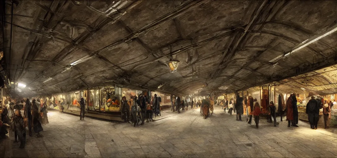 Prompt: market in an underground subway track by eugene von guerard, ivan shishkin, dramatic lighting, concept art, trending on artstation