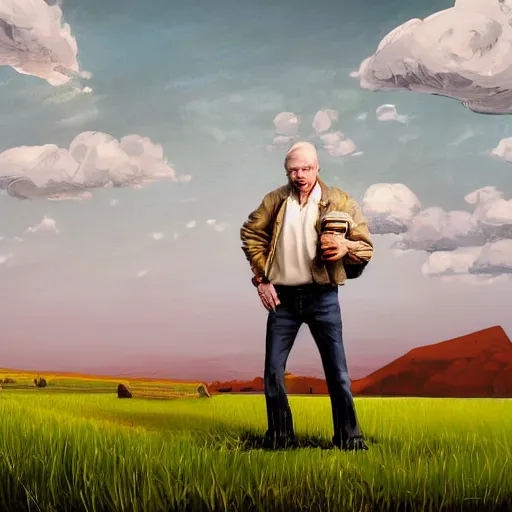 Prompt: a Scottish man holding a pint of beer in the middle of an empty field, In the back ground of the frame is a beautiful landscape., physically accurate, dynamic lighting, intricate, elegant, highly detailed, digital painting in the style of very very ralph steadman, sharp focus, illustration