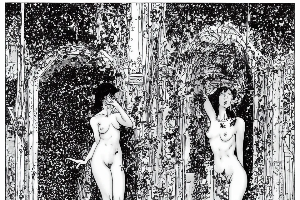 Prompt: beautiful woman at the entrance of the temple of desire by milo manara and apollonia saintclair and milo manara