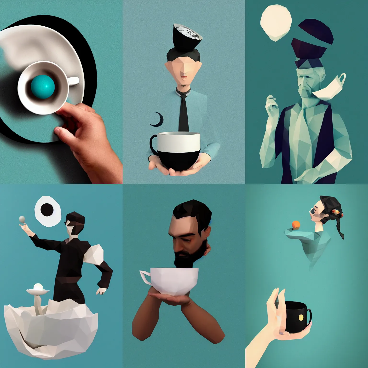 Prompt: he held the moon in his teacup, Teal black and off-white, flat colors, by ray dak lam, low poly render, portrait