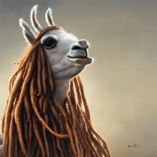 Prompt: llama with dreadlocks, by mandy jurgens, james jean