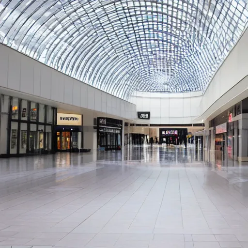 Image similar to A large modern mall with no one in it. Dream like, dark, muted colors.