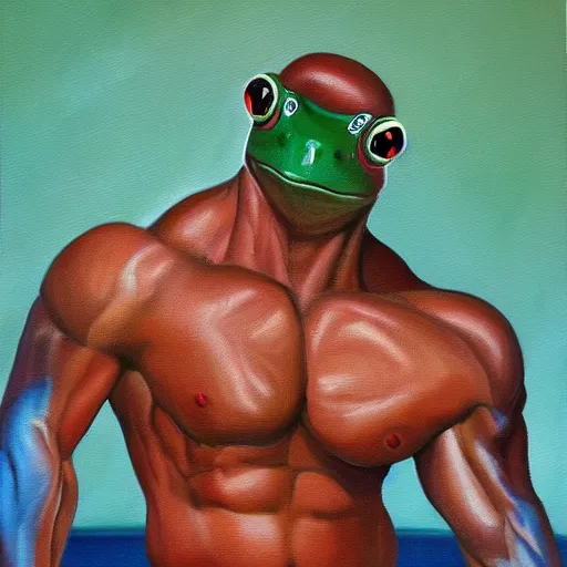 Prompt: an oil painting in the style of albert beirstadt, a bodybuilding frog