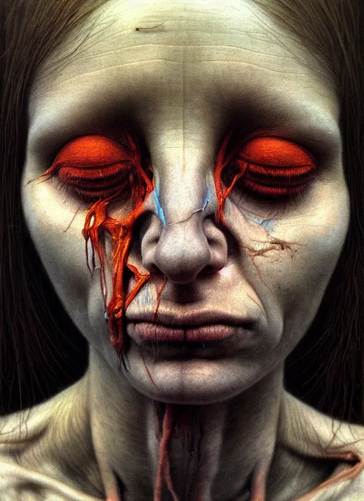 Image similar to there is ugliness in beauty, but there is also beauty in ugliness detailed portrait painting inspired by beksinski and alex gray, accurate anatomy, haunting cinematic photography, vintage grain, by jenny saville, trending on artstation. 8 k