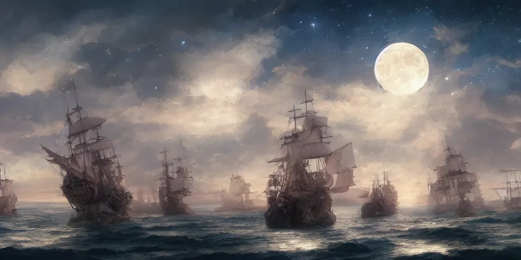 Prompt: an armada of 1 8 th century carracks and galleons, clear skies, angry sea, moon, milky way, stars, soft, by wlop, makoto shinkai, artgerm, artstation, ayami kojima, 1 6 k, wide angle