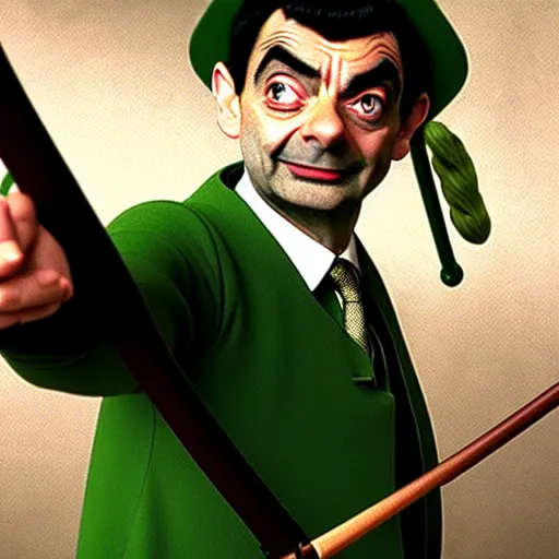 Image similar to mr. bean as robin hood. movie still. cinematic lighting.